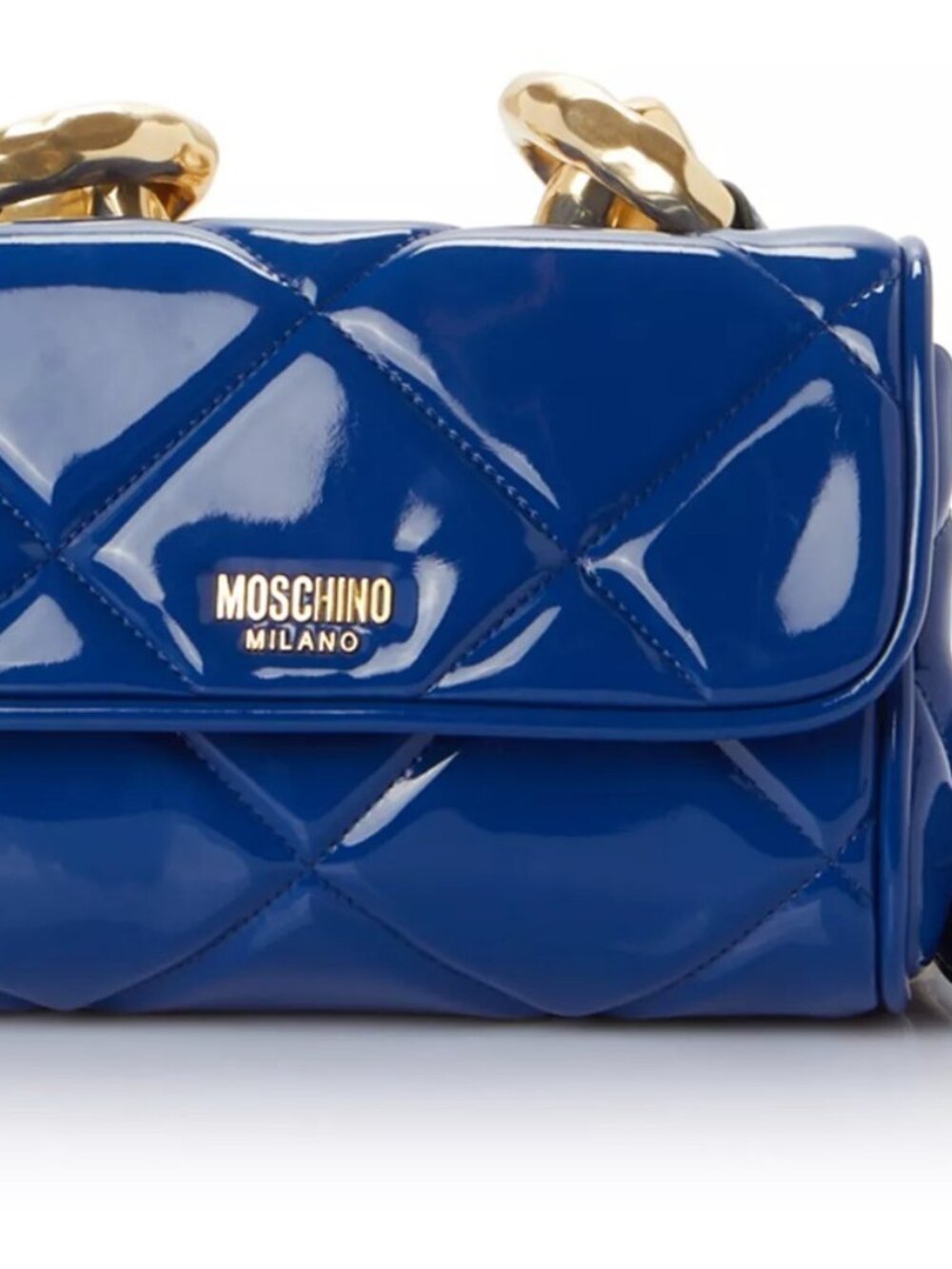 MOSCHINO Quilted Patent Leather Shoulder Flap Bag on Chunky Golden Chain, NWT !